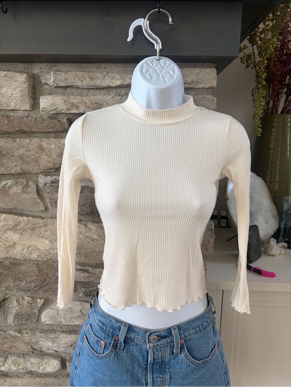 Cream Ribbed Long-Sleeve Mock Neck Top - Women's